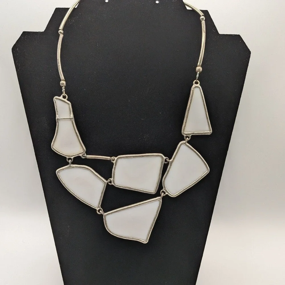 Geometric White Glass Statement Necklace Silver Tone Bib by Lapis Zagreb Croatia - Picture 2 of 9